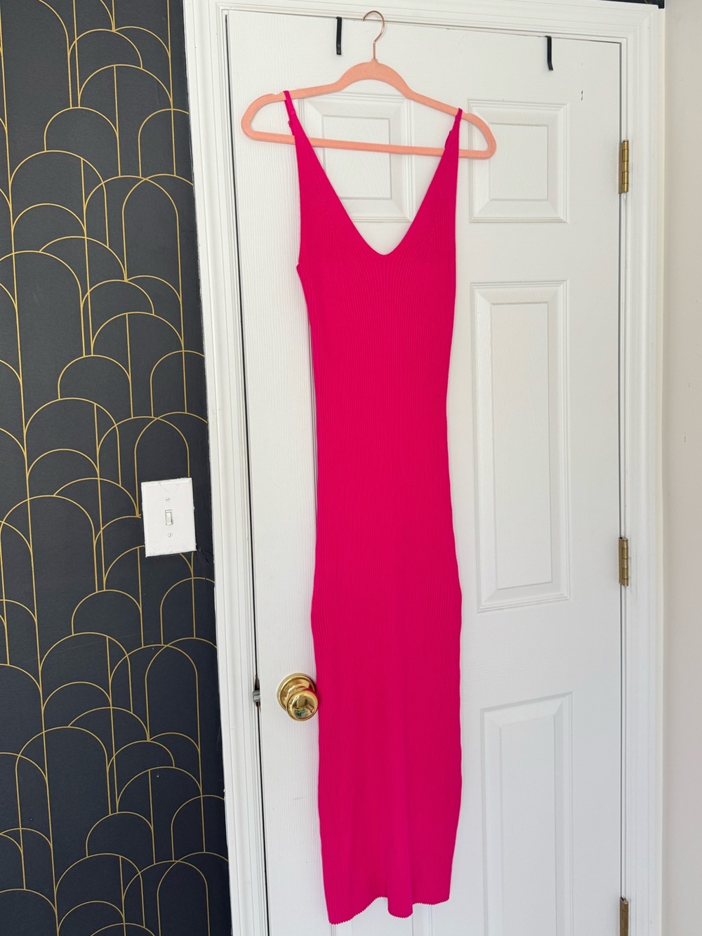 Freshman Hot Pink Ribbed V-Neck Midi Dress
